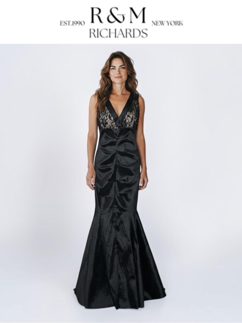 R & M RICHARDS BLACK LACE RUCHED MERMAID GOWN SIZE 12 EVENING FORMAL DRESS